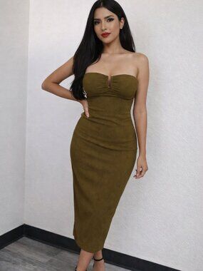 Women's Olive Tube Midi Dress with gold chect trim - Summer Dress